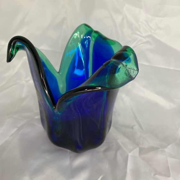 Murano White Cristal  Italy Blown Arte Glass Vase Blue Clear Teal new - Picture 7 of 7